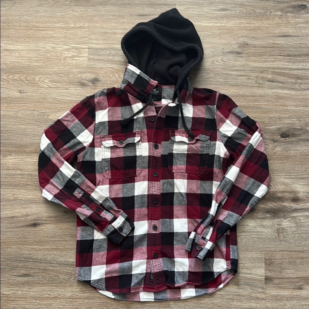 Hollister Red and Black Hooded Flannel